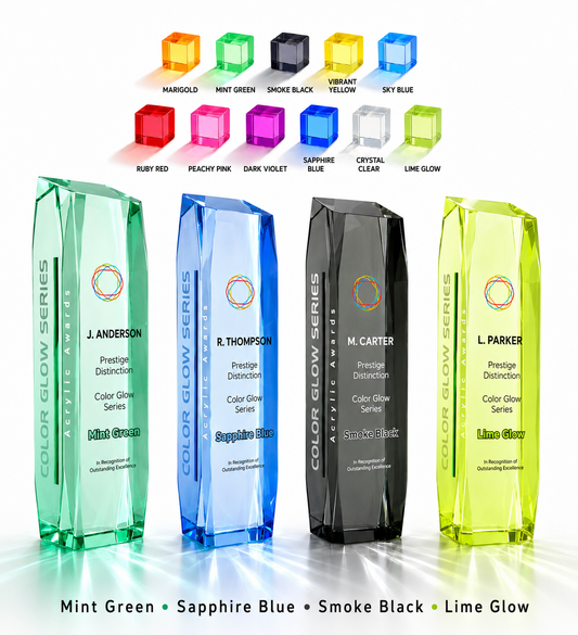 Four faceted glass award plaques in mint green, sapphire blue, smoke black, and lime glow, shown with a row of color options above on a white background.