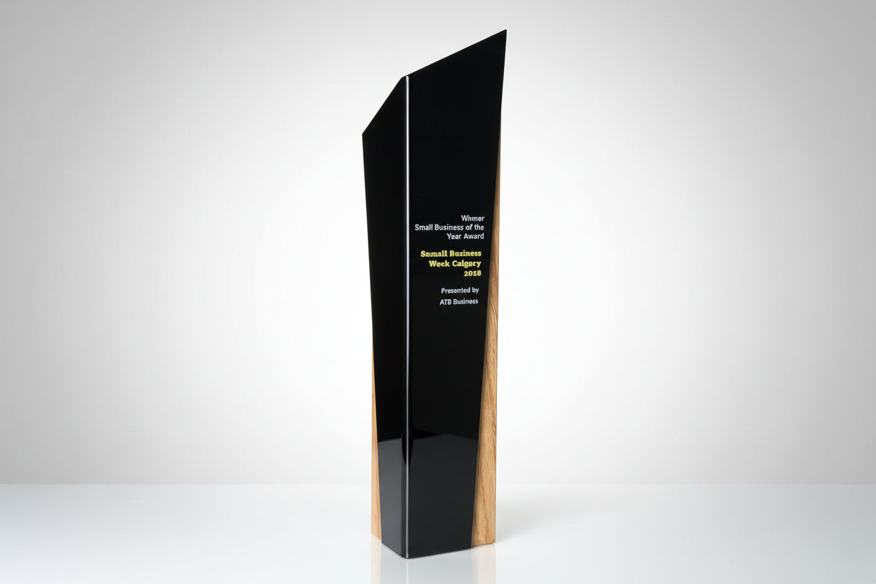 Tall black and gold award trophy modern