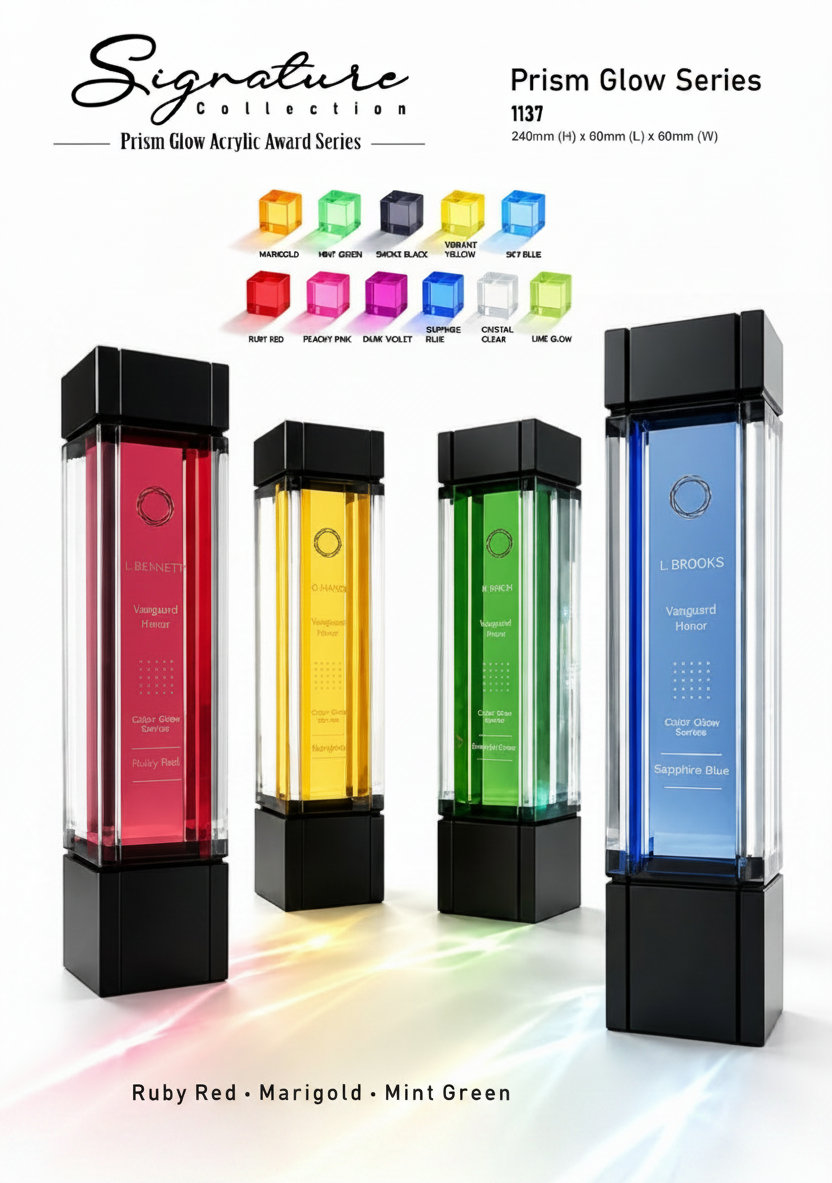 Four acrylic award vial displays from the Signature Collection Prism Glow Series Award trophy plaque shown in red, marigold, mint green, and sapphire blue with black bases on a white background. Color options and dimensions are displayed above the products.