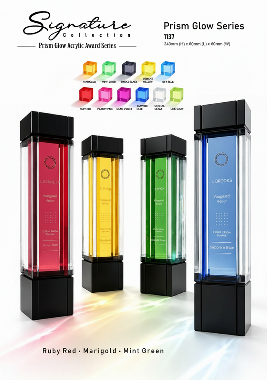 Four acrylic award vial displays from the Signature Collection Prism Glow Series Award trophy plaque shown in red, marigold, mint green, and sapphire blue with black bases on a white background. Color options and dimensions are displayed above the products.