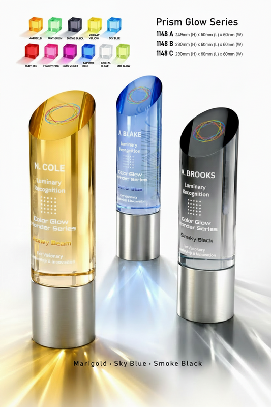 Three cylindrical Prism Glow Series acrylic trophy award in colours, blue, and smoke black. 