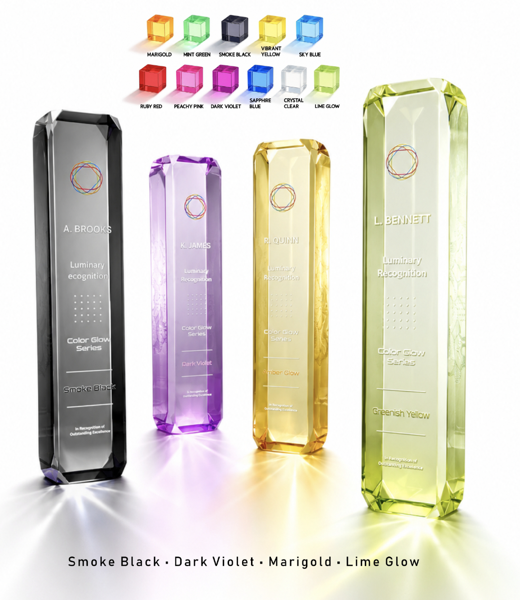 Four faceted rectangular acrylic award plaques in Smoke Black, Dark Violet, Marigold, and Lime Glow, displayed on a white background with a color options chart at the top and product names at the bottom.