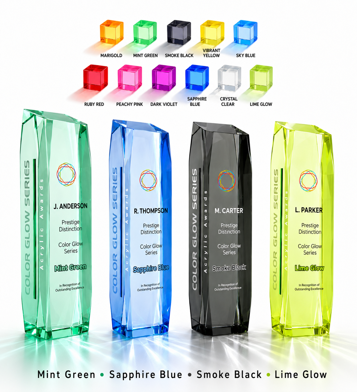 Four faceted glass award plaques in mint green, sapphire blue, smoke black, and lime glow, shown with a row of color options above on a white background.