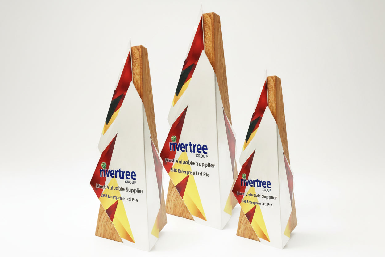 Three decorative wood & acrylic awards with branding trophies