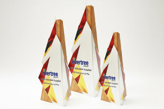 Three decorative wood & acrylic awards with branding trophies
