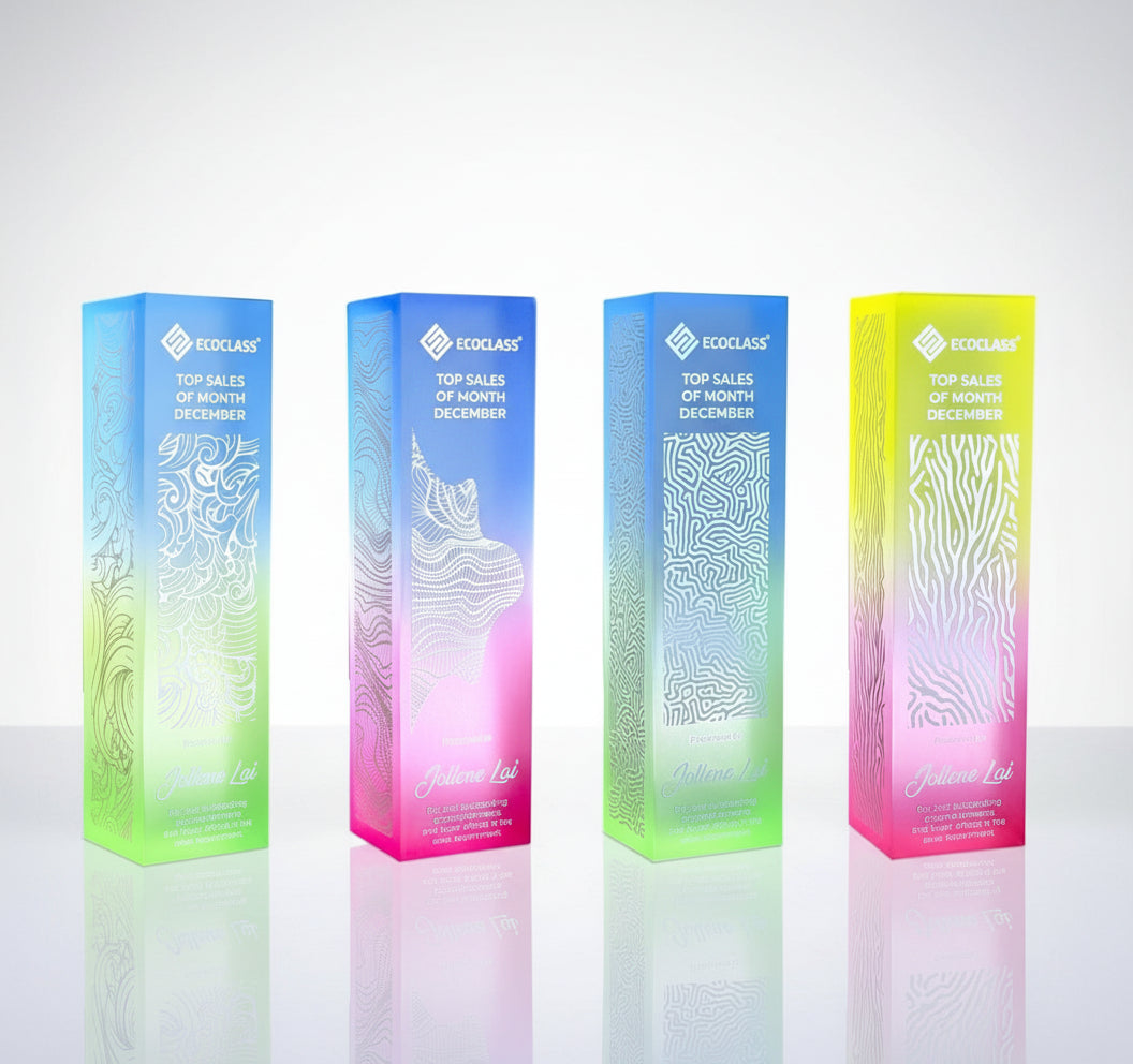 Four colorful trophies with gradient designs Colour Glow acrylic frosted
