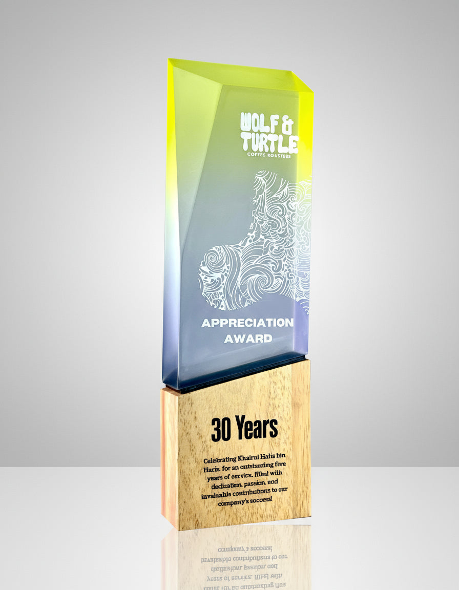 Trophy Tailor Singapore Colour Glow acrylic frosted with wood base