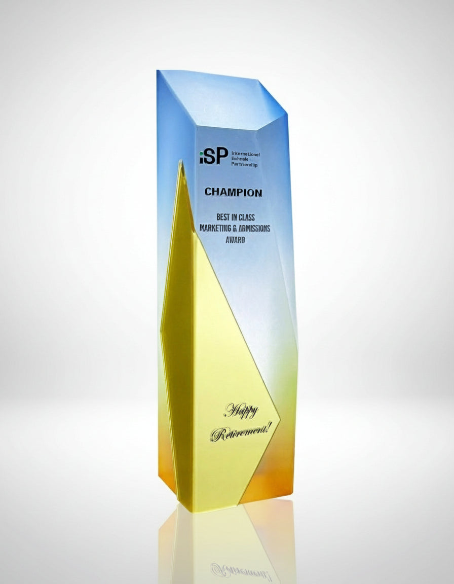 Trophy Tailor Singapore Colour Glow acrylic frosted with gold plate cut out digital print