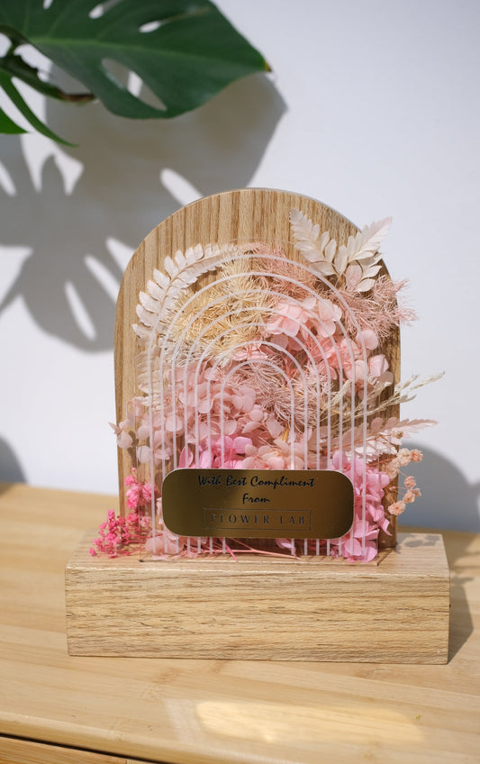 Decorative Trophy with pink preserved floral and gold plate printing on a wooden Trophy 