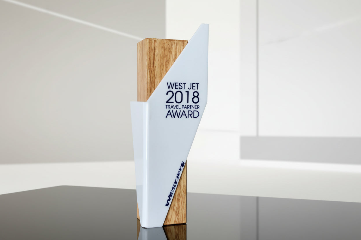 Modern wood & acrylic Award Trophy against a stone wall background
